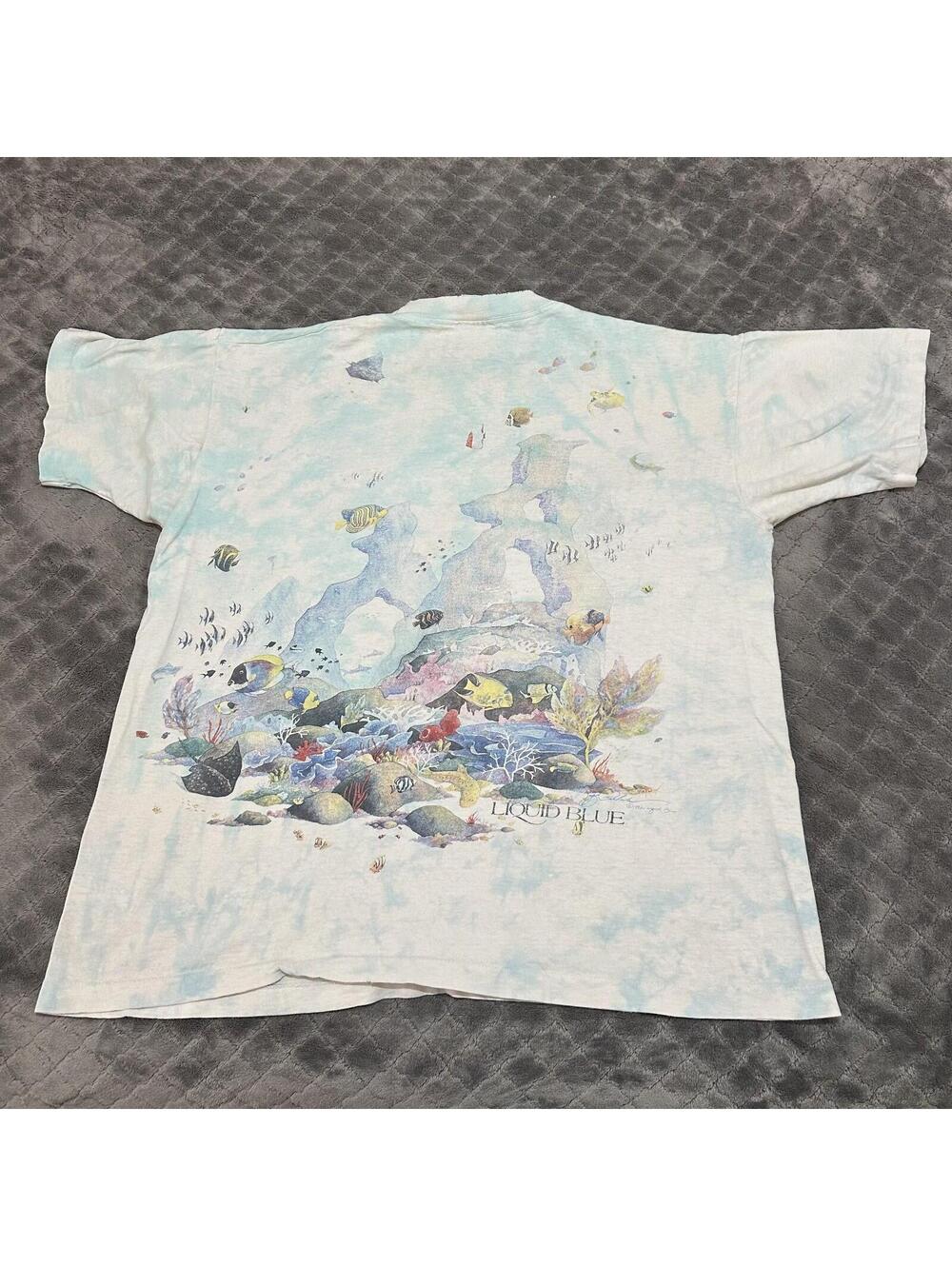 Vintage Liquid Blue Shirt Men XL Tie Dye Coral Reef Fish AOP Distressed 1992 - Picture 6 of 6